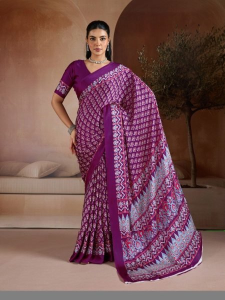 Mesmerizing Purple Soft Satin Georgette Printed Saree for Festive Wear Sarees 