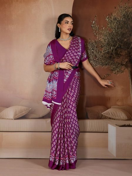 Mesmerizing Purple Soft Satin Georgette Printed Saree for Festive Wear Georgette Sarees Wholesale
