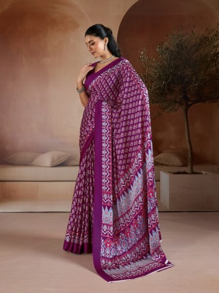 Mesmerizing Purple Soft Satin Georgette Printed Saree for Festive Wear Georgette Sarees Wholesale