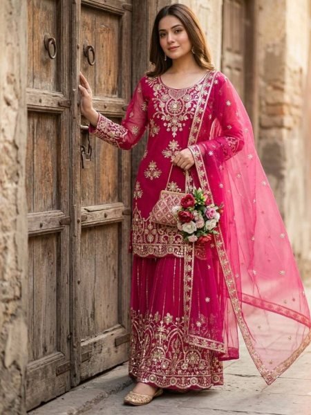 Mesmerizing Rani Pink Designer Organza Sarara Set with Heavy 5mm Sequins Work for Festive Wear Ready To Wear Suit
