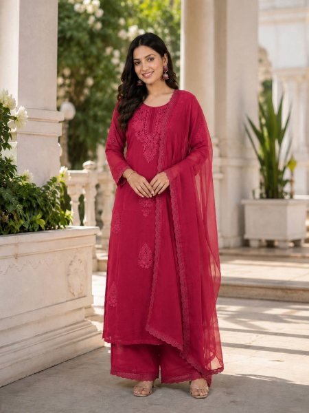 Mesmerizing Rani pink Fox Blooming Georgette Embroidered Top Palazzo Set with Lace Border Dupatta for Women Ready To Wear Suit