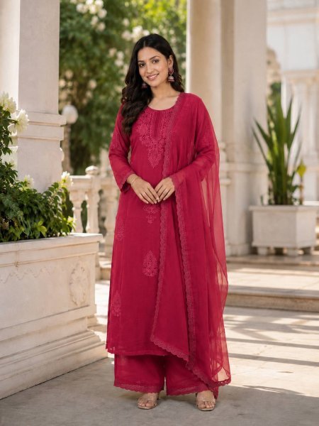 Mesmerizing Rani pink Fox Blooming Georgette Embroidered Top Palazzo Set with Lace Border Dupatta for Women Ready To Wear Collection