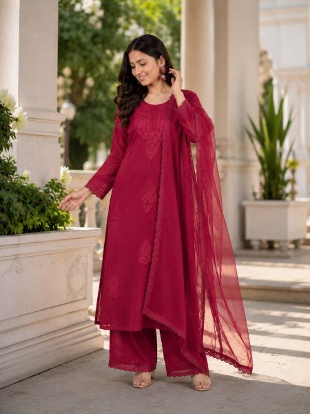 Mesmerizing Rani pink Fox Blooming Georgette Embroidered Top Palazzo Set with Lace Border Dupatta for Women Ready To Wear Collection
