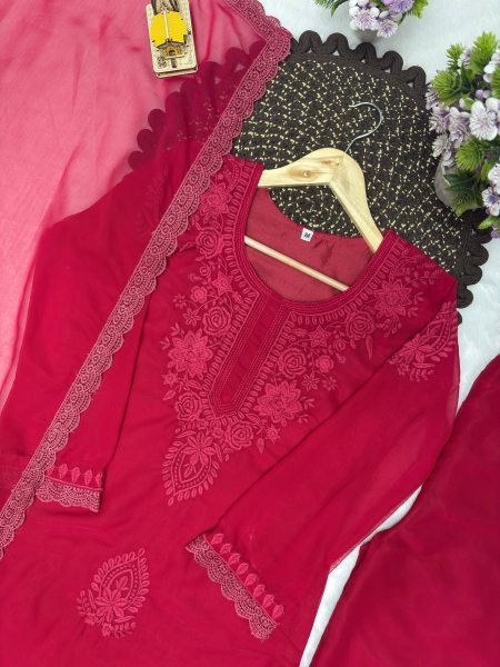Mesmerizing Rani pink Fox Blooming Georgette Embroidered Top Palazzo Set with Lace Border Dupatta for Women Ready To Wear Collection