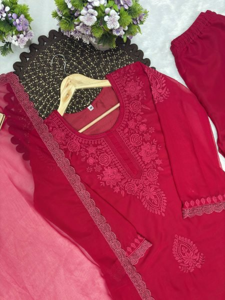 Mesmerizing Rani pink Fox Blooming Georgette Embroidered Top Palazzo Set with Lace Border Dupatta for Women Ready To Wear Collection