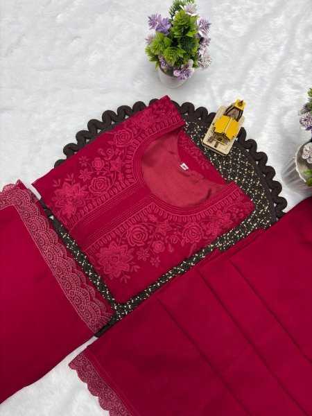 Mesmerizing Rani pink Fox Blooming Georgette Embroidered Top Palazzo Set with Lace Border Dupatta for Women Ready To Wear Collection