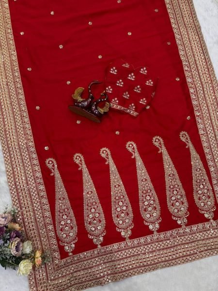 Mesmerizing Red Blooming Vichitra Silk Party Wear Saree with Embroidered Blouse Sarees 