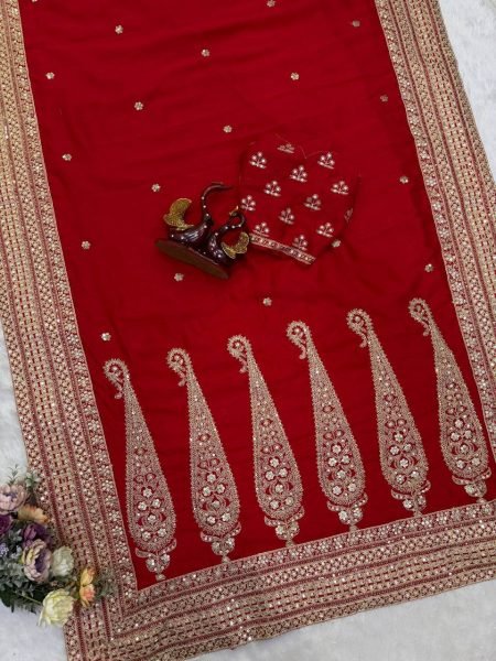 Mesmerizing Red Blooming Vichitra Silk Party Wear Saree with Embroidered Blouse Silk Sarees Wholesale