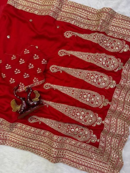 Mesmerizing Red Blooming Vichitra Silk Party Wear Saree with Embroidered Blouse Silk Sarees Wholesale