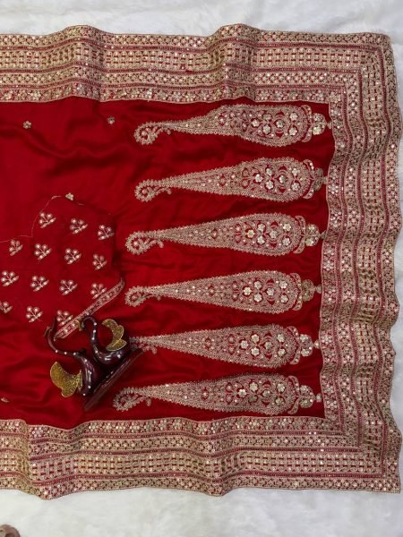 Mesmerizing Red Blooming Vichitra Silk Party Wear Saree with Embroidered Blouse Silk Sarees Wholesale