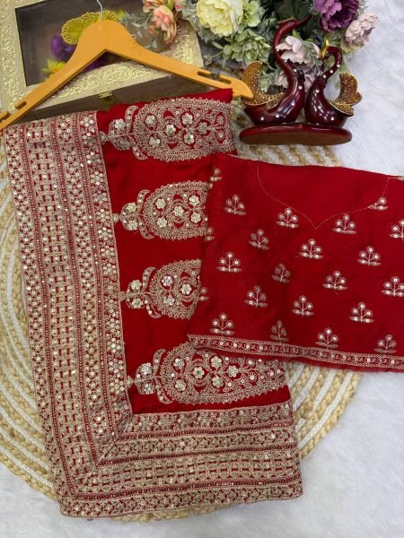 Mesmerizing Red Blooming Vichitra Silk Party Wear Saree with Embroidered Blouse Silk Sarees Wholesale