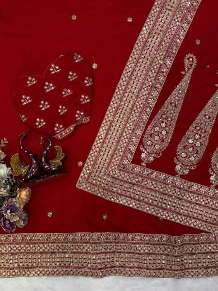 Mesmerizing Red Blooming Vichitra Silk Party Wear Saree with Embroidered Blouse Silk Sarees Wholesale
