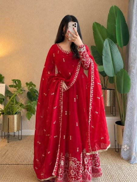 Mesmerizing Red Fendy Silk Embroidered Gown with Micro Cotton Pant for Diwali Festival Ready To Wear Suit