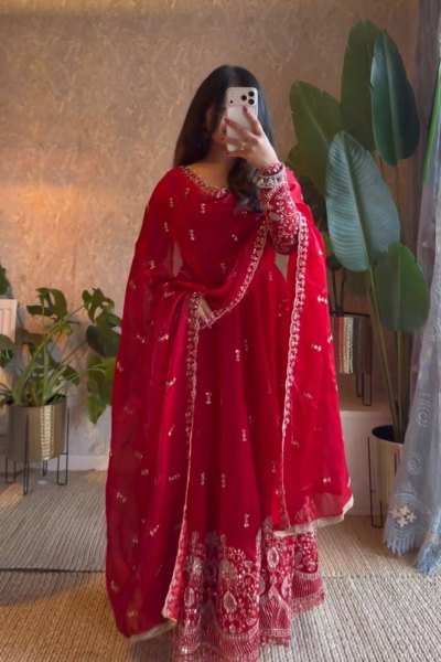Mesmerizing Red Fendy Silk Embroidered Gown with Micro Cotton Pant for Diwali Festival Ready To Wear Collection