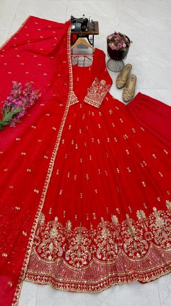 Mesmerizing Red Fendy Silk Embroidered Gown with Micro Cotton Pant for Diwali Festival Ready To Wear Collection