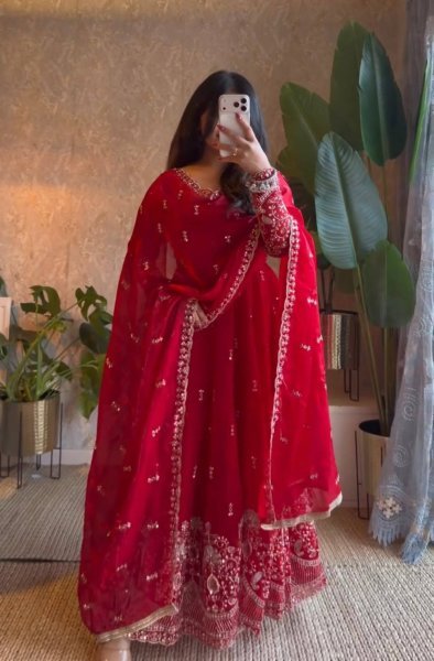 Mesmerizing Red Fendy Silk Embroidered Gown with Micro Cotton Pant for Diwali Festival Ready To Wear Collection