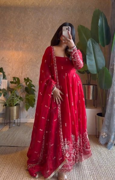 Mesmerizing Red Fendy Silk Embroidered Gown with Micro Cotton Pant for Diwali Festival Ready To Wear Collection