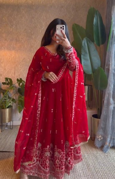Mesmerizing Red Fendy Silk Embroidered Gown with Micro Cotton Pant for Diwali Festival Ready To Wear Collection