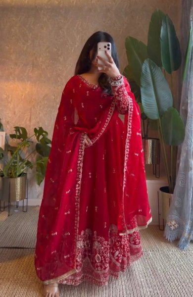 Mesmerizing Red Fendy Silk Embroidered Gown with Micro Cotton Pant for Diwali Festival Ready To Wear Collection