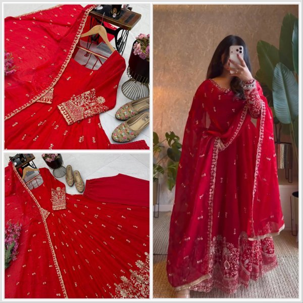 Mesmerizing Red Fendy Silk Embroidered Gown with Micro Cotton Pant for Diwali Festival Ready To Wear Collection