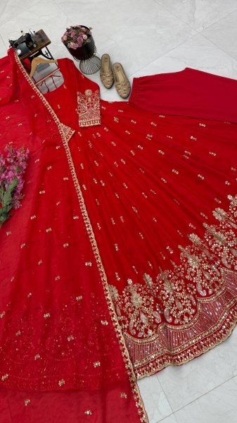 Mesmerizing Red Fendy Silk Embroidered Gown with Micro Cotton Pant for Diwali Festival Ready To Wear Collection