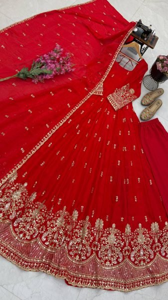Mesmerizing Red Fendy Silk Embroidered Gown with Micro Cotton Pant for Diwali Festival Ready To Wear Collection