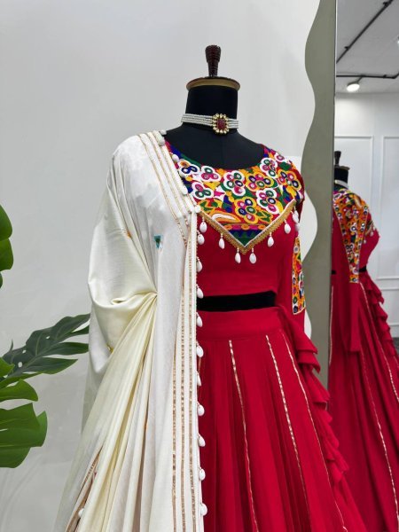 Mesmerizing Red Rayon Silk Lehenga Choli with Real Mirror Work and Kodi Lace Navratri Lehnega Choli