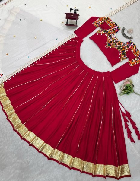Mesmerizing Red Rayon Silk Lehenga Choli with Real Mirror Work and Kodi Lace Navratri Lehnega Choli