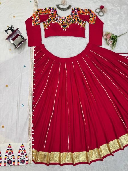 Mesmerizing Red Rayon Silk Lehenga Choli with Real Mirror Work and Kodi Lace Navratri Lehnega Choli