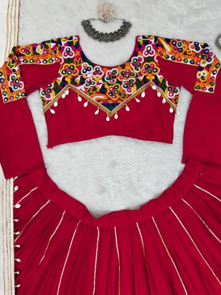 Mesmerizing Red Rayon Silk Lehenga Choli with Real Mirror Work and Kodi Lace Navratri Lehnega Choli