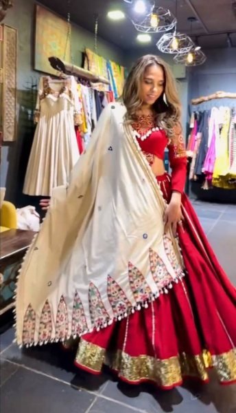 Mesmerizing Red Rayon Silk Lehenga Choli with Real Mirror Work and Kodi Lace Navratri Lehnega Choli