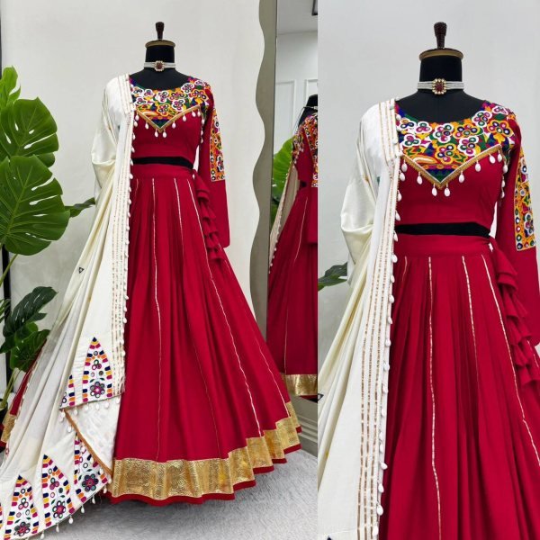Mesmerizing Red Rayon Silk Lehenga Choli with Real Mirror Work and Kodi Lace Navratri Lehnega Choli