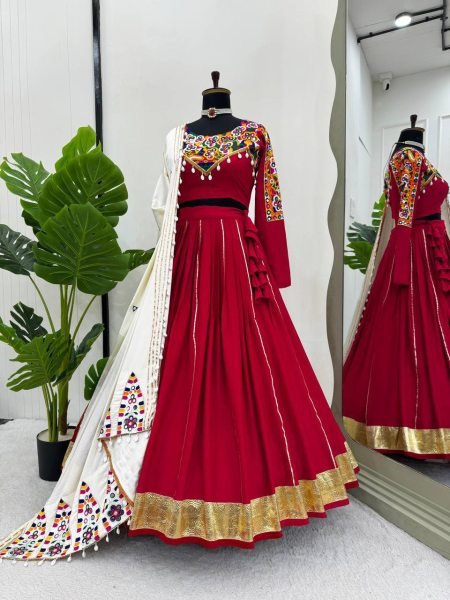Mesmerizing Red Rayon Silk Lehenga Choli with Real Mirror Work and Kodi Lace Navratri Lehnega Choli