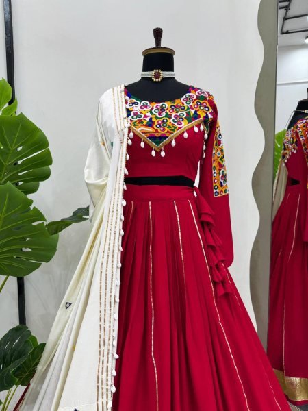 Mesmerizing Red Rayon Silk Lehenga Choli with Real Mirror Work and Kodi Lace Navratri Lehnega Choli