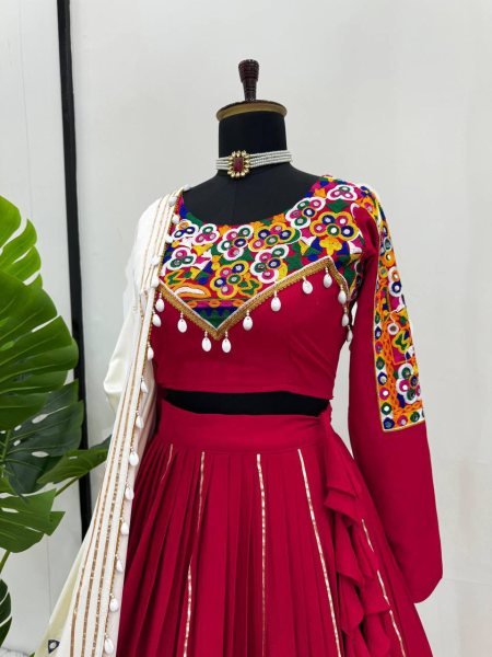 Mesmerizing Red Rayon Silk Lehenga Choli with Real Mirror Work and Kodi Lace Navratri Lehnega Choli