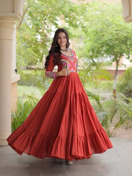 Mesmerizing Rust Kora Cotton Designer Gown with Full Sleeves and Mirror Work