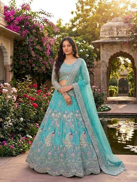 Mesmerizing Sky Blue Butterfly Net Coding Sequins Lehenga at Wholesale Rate  Lehenga