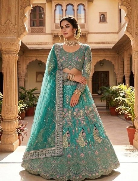 Mesmerizing Sky Blue Butterfly Net Coding Sequins Lehenga at Wholesale Rate Bridal Lehenga Choli