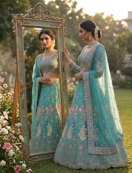 Mesmerizing Sky Blue Butterfly Net Coding Sequins Lehenga at Wholesale Rate Bridal Lehenga Choli