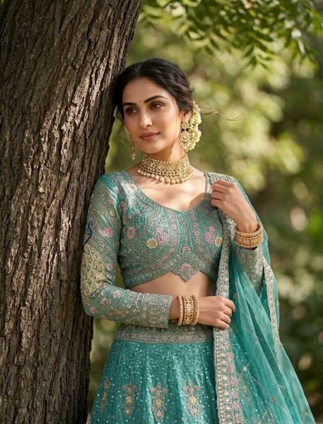 Mesmerizing Sky Blue Butterfly Net Coding Sequins Lehenga at Wholesale Rate Bridal Lehenga Choli
