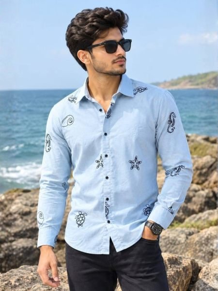 Mesmerizing Sky Blue Designer Men’s Cotton Embroidery Work Shirt at Wholesale Rate 
