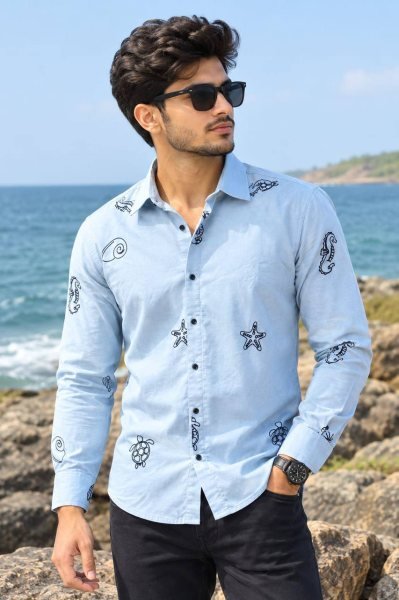 Mesmerizing Sky Blue Designer Men’s Cotton Embroidery Work Shirt at Wholesale Rate Mens Shirt