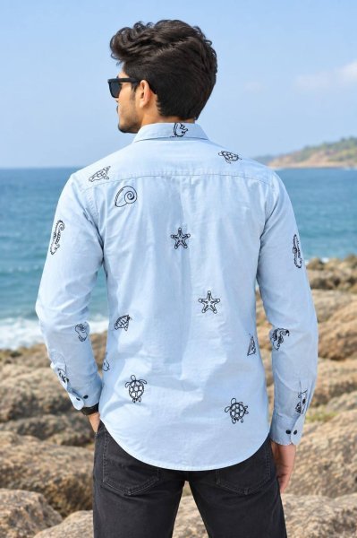 Mesmerizing Sky Blue Designer Men’s Cotton Embroidery Work Shirt at Wholesale Rate Mens Shirt