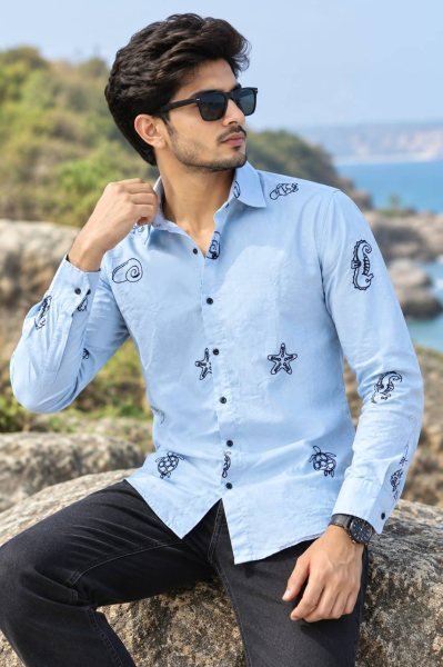 Mesmerizing Sky Blue Designer Men’s Cotton Embroidery Work Shirt at Wholesale Rate Mens Shirt