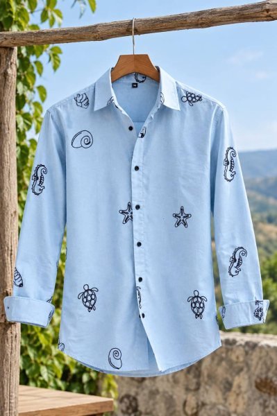 Mesmerizing Sky Blue Designer Men’s Cotton Embroidery Work Shirt at Wholesale Rate Mens Shirt