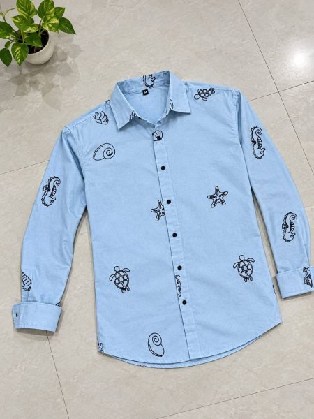 Mesmerizing Sky Blue Designer Men’s Cotton Embroidery Work Shirt at Wholesale Rate Mens Shirt