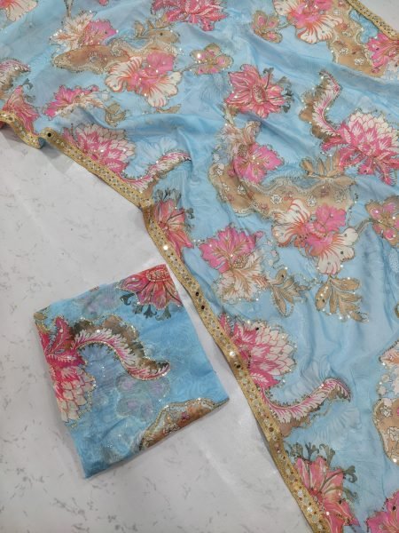 Mesmerizing Sky Blue Latest Designer Tabby Silk Saree with Hand Sequin and Mirror Work Silk Sarees Wholesale