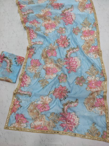 Mesmerizing Sky Blue Latest Designer Tabby Silk Saree with Hand Sequin and Mirror Work Silk Sarees Wholesale