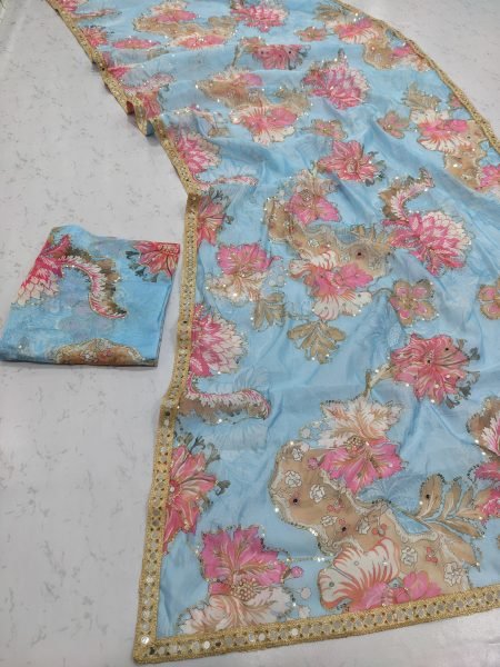 Mesmerizing Sky Blue Latest Designer Tabby Silk Saree with Hand Sequin and Mirror Work Silk Sarees Wholesale