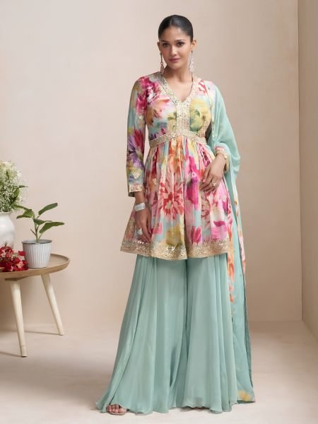 Mesmerizing Sky Blue Real Chinon Top with Embroidered Palazzo and Matching Dupatta at Wholesale Rate Salwar Kameez